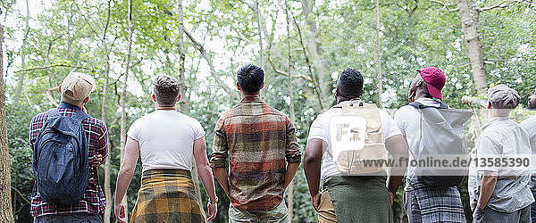 Männergruppe beim Wandern  in einer Reihe stehen und Vögel beobachten im Wald