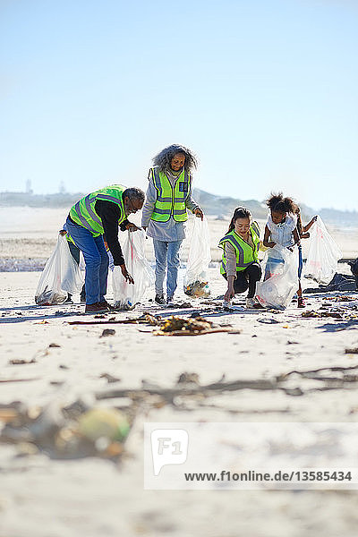 Volunteers cleaning up litter on sunny  sandy beach