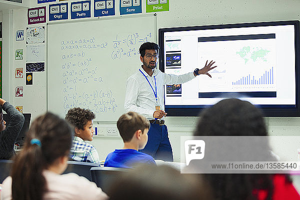Männlicher Lehrer am Touchscreen  der den Unterricht im Klassenzimmer leitet