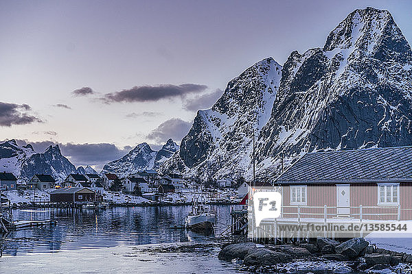 Beschauliches Fischerdorf unter schneebedeckten Bergen  Reine  Lofoten Inseln  Norwegen