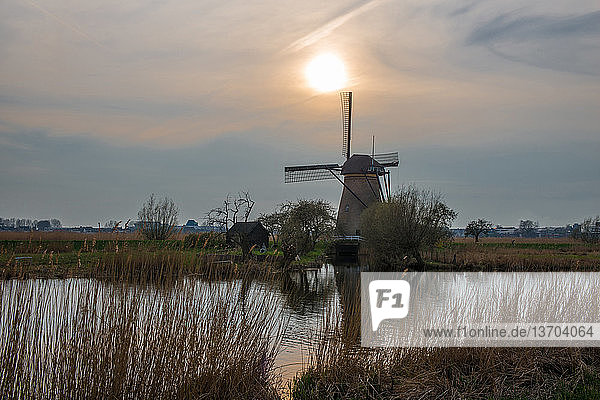 Windmill on a canal in the Netherlands at sunset.