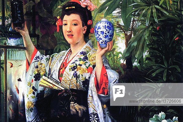 Junge Frau hält japanische Waren 1865