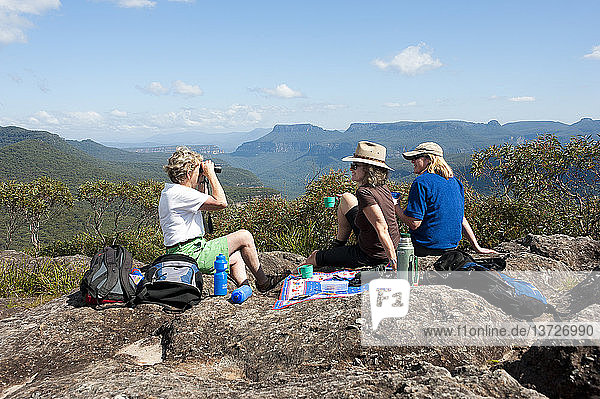 Tageswanderer beim Picknick am Ende des Mount Bushwalker  Morton National Park  New South Wales  Australien