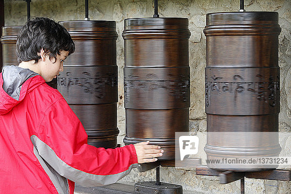 Prayer wheels in Dhagpo Kagyu Ling Tibetan buddhist monastery