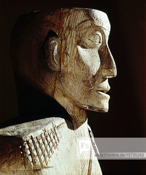 Portrait bust of a sailor which must have originally had a top hat  Carved for souvenir purposes. Detail of the face in Northwest Coast of America. Haida. 1840 1860.