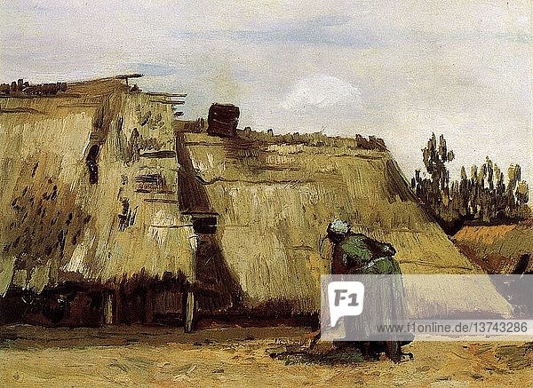 Bäuerin beim Graben vor ihrer Hütte 1880