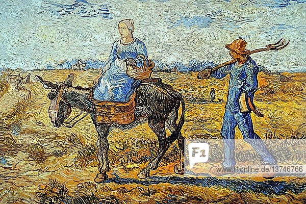 'Morning with farmer and pitchfork; his wife riding a donkey and carrying a basket 1880'