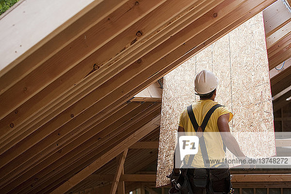 Hispanischer Zimmermann  der bei einem im Bau befindlichen Haus die Ummantelung auf das Dach schiebt