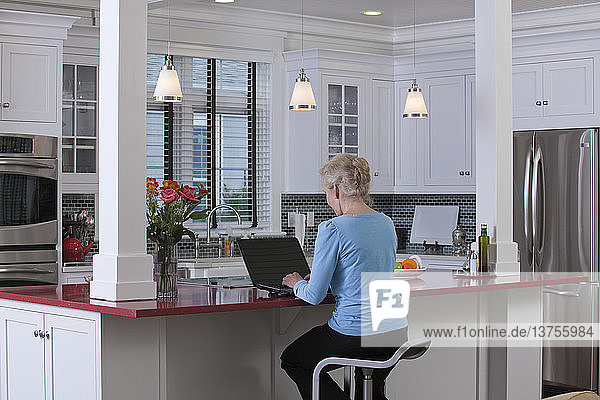 Woman on laptop in kitchen of a Green Technology Home with energy efficiency appliances  stone countertops  and recycled wood