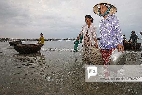 Carrying basket of fish on Mui Ne beach  Vietnam