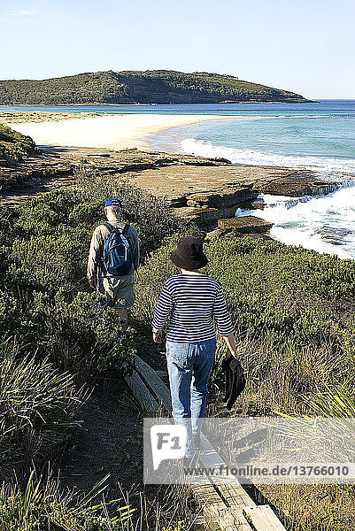 Buschwanderer auf dem Holzsteg durch die Küstenheide  Island Beach  Murramarang National Park  New South Wales  Australien