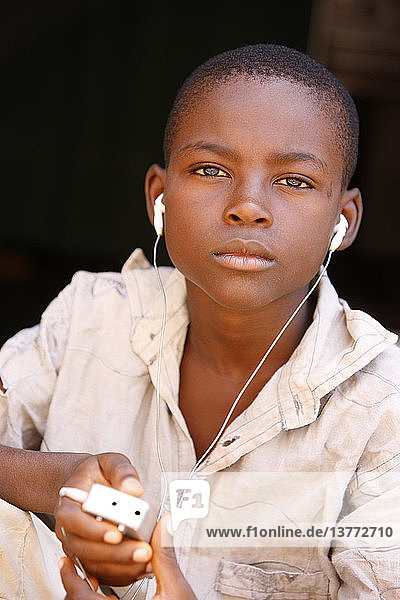 African boy with earphones