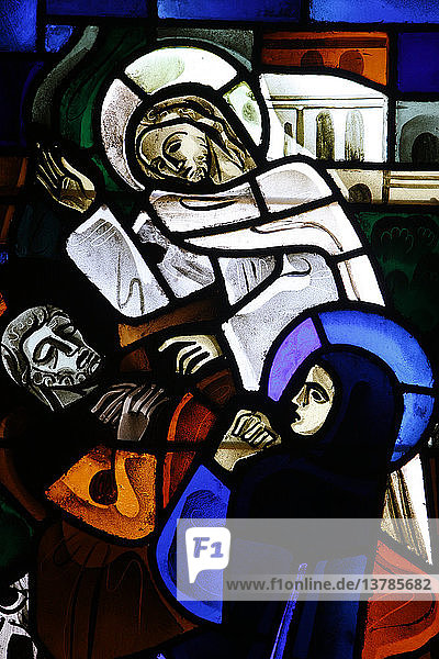Glasmalerei in der Kirche Notre-Dame-de-la-Trinitate. Tod des Heiligen Joseph '