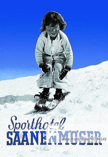 Sporthotel Saanenmoser: Kleines Mädchen beim Skifahren 1935