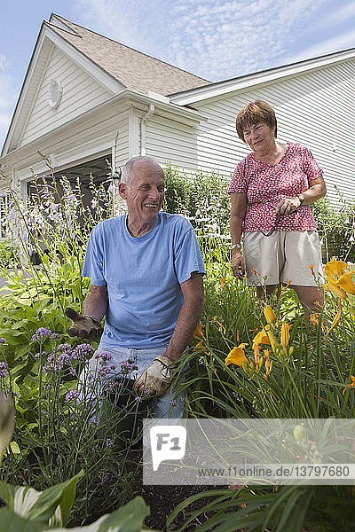 Älteres Ehepaar beim Pflanzen von Blumen im Garten