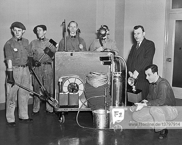 New York  New York: c. 1938 The Paramount Building civil defense team of workers and equipment are prepared at 1501 Broadway in case of air raids on Manhattan.