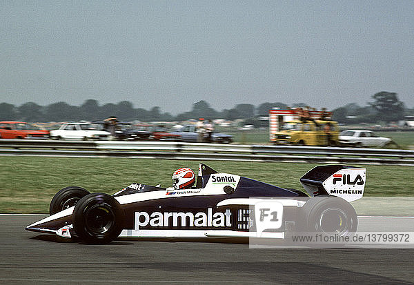 Nelson Piquet im turboaufgeladenen BMW Brabham mit 4-Zylinder-Motor  2. Platz im britischen GP  Silverstone  England  16. Juli 1983.