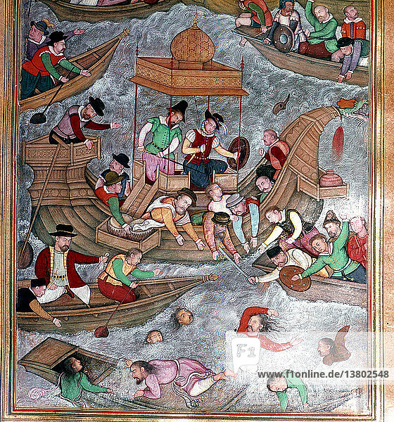 Illustration aus der ´Akbar nama´ (Geschichte von Akbar)  Europäische Söldner  wahrscheinlich Portugiesen  sind in einer stürmischen See gefangen. Indien. Moghul. Spätes 16. Jahrhundert.