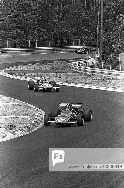 Clay Regazzoni in a Ferrari 312B leads Chris Amon in a March Cosworth 701 into a chicane at Hockenheim in the German GP  Germany 2 Aug 1970.