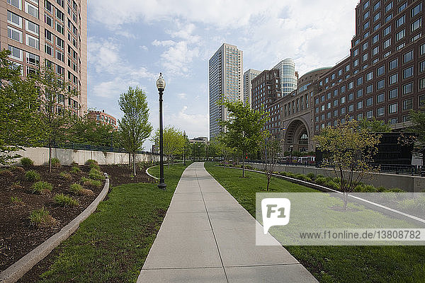 Walkway at Rose Kennedy Greenway in front of Boston Harbor Hotel  Boston  Massachusetts  USA