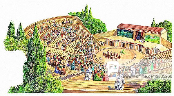 Die Griechen waren das erste Volk  das Theater besaß. Das Publikum konnte aus ganz Griechenland kommen. Sie saßen auf Steinstufen im Zuschauerraum. Alle Stücke hatten einen Chor von bis zu 15 Schauspielern  die im Orchester standen. Normalerweise standen nicht mehr als drei Schauspieler auf der Bühne. Die Schauspieler waren immer Männer.