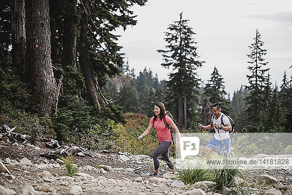 Couple hiking in woods