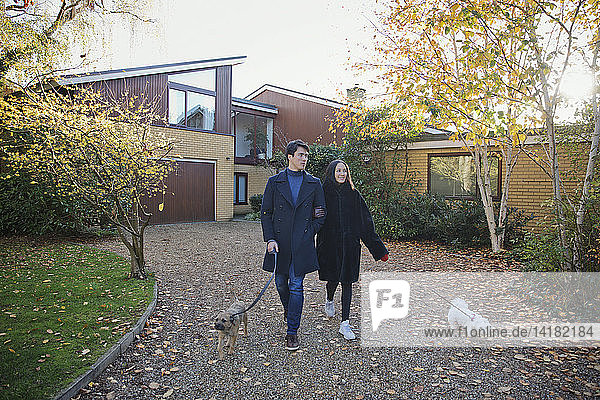 Ehepaar geht mit Hunden in herbstlicher Einfahrt spazieren