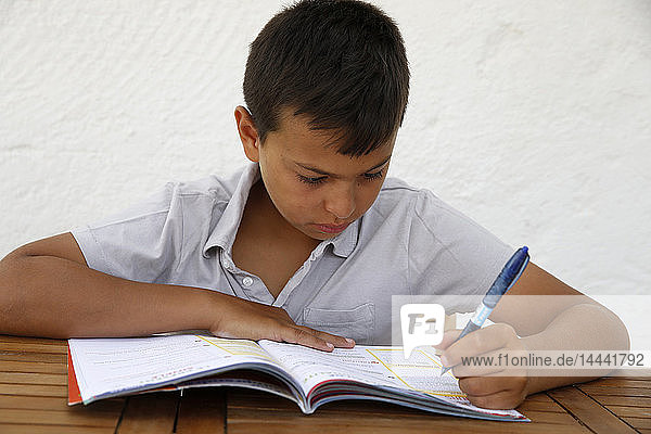 11-jähriger Junge bei den Hausaufgaben in Salento  Italien.