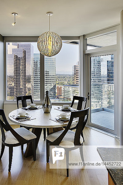 Dining room in luxury highrise apartment