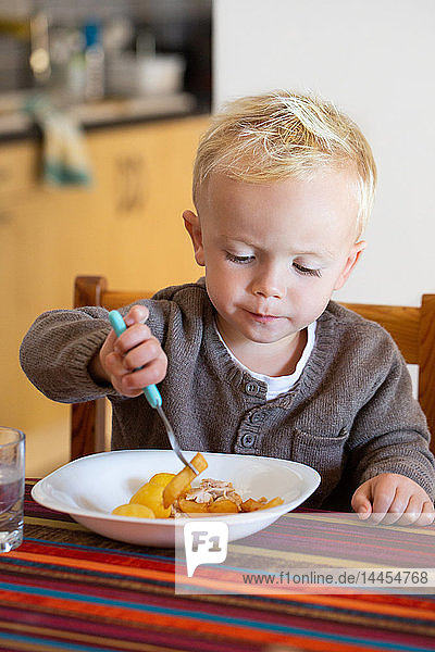 Portrait of a little boy at table eating a plate of fries  potatoes and chicken with ketchup.