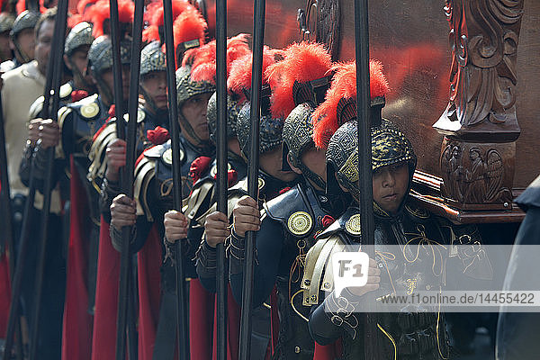 People dessed as Roman legionary participates at the procession during Holy week  Coban  Guatemala  Central America.