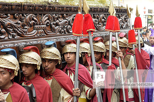 People dessed as Roman legionary participates at the procession during Holy week  Antigua  Guatemala  Central America.