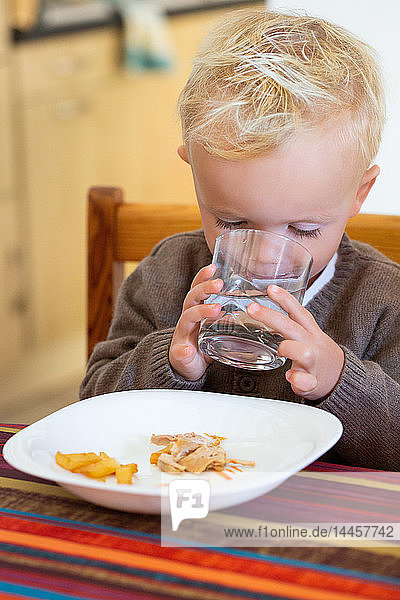 Portrait of a little boy drinking a glass of water during the meal.