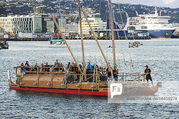 Waka mit zwei Rümpfen bei der Waka Odyssey 2018 am Hafen von Wellington  Neuseeland  Ozeanien