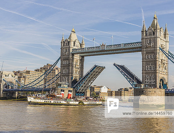 Tower Bridge being raised  London  England  United Kingdom