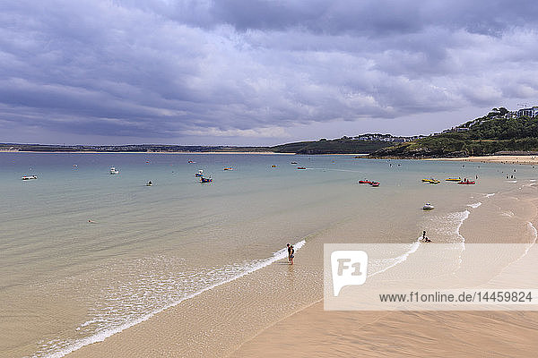 St Ives beaches popular seaside resort in hot weather Summer Cornwall England UK