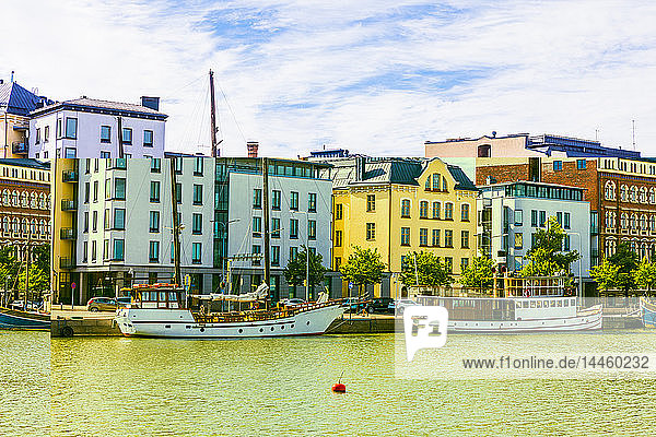 Boats docked at the harbor in Helsinki Uusimaa Finland Scandinavia