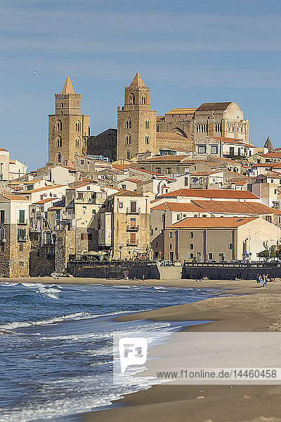The cathedral and the old town seen from the beach  Cefalu  Sicily  Italy