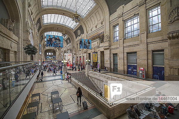 Elevated view of interior of main concourse  Milan Central Station  Milan  Lombardy  Italy