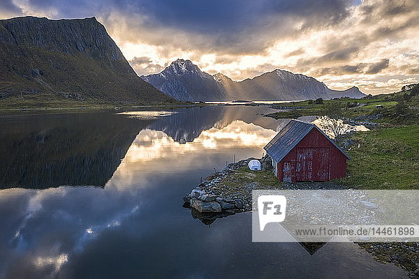 Traditional rorbu Vagspollen Leknes Nordland Lofoten Islands Norway