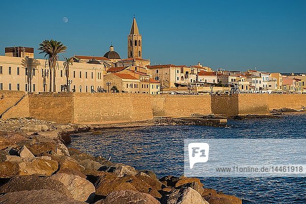 City walls and the cathedral of Alghero  Sardinia  Italy