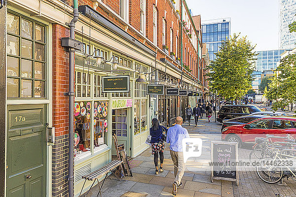 A beautiful street and stores around the Old Spitalfields Market  London  England