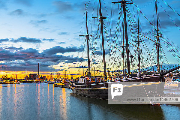 Boat docked at the harbour in Helsinki Uusimaa Finland Scandinavia