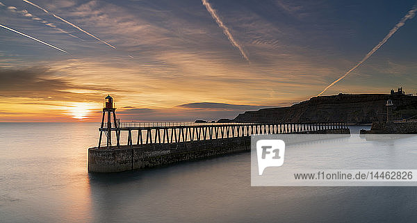 Sunrise over Whitby harbour and River Esk in mid-September  Yorkshire  England  United Kingdom