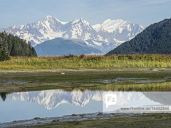 Die Fairweather Range spiegelt sich in ruhigem Wasser  Fern Harbour  Glacier Bay National Park  Alaska  USA