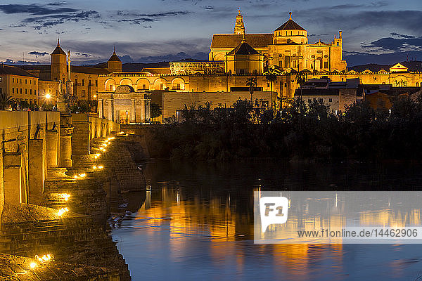 The illuminated Mosque-Cathedral (Great Mosque of Cordoba) (Mezquita) and the Roman Bridge at dusk  UNESCO World Heritage Site  Cordoba  Andalusia  Spain