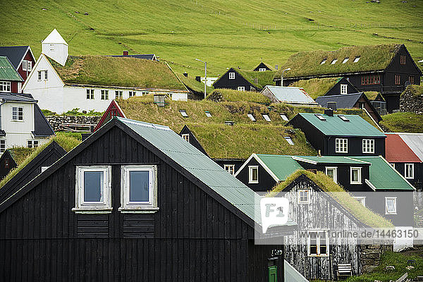 Traditionelle Häuser mit Grasdach  Insel Mykines  Färöer Inseln  Dänemark