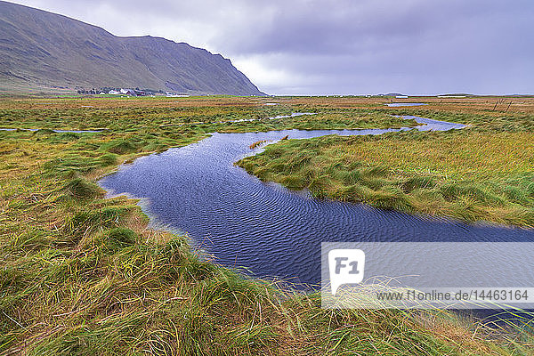 Fließendes Wasser eines gewundenen Baches  Fredvang  Bezirk Nordland  Lofoten  Norwegen