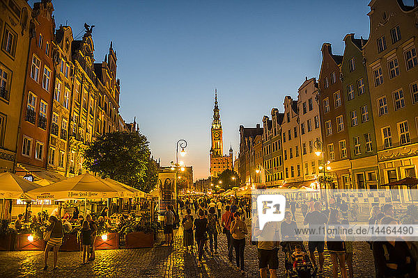 Hanseatic League houses with the town hall after sunset in the pedestrian zone of Gdansk  Poland