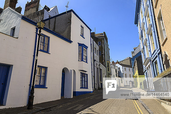 Historic buildings  cobbled street  Tenby  Pembrokeshire  Wales  United Kingdom  Europe